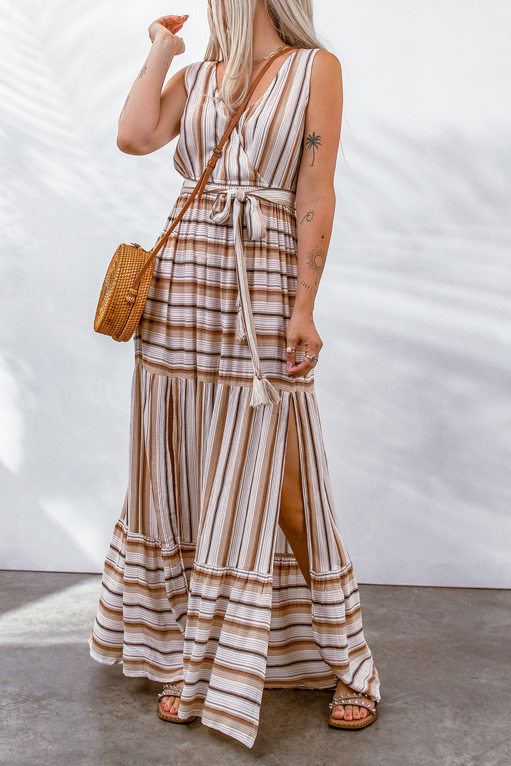 Khaki Striped V Neck Sleeveless Maxi Dress with Tie Maxi Dresses JT's Designer Fashion