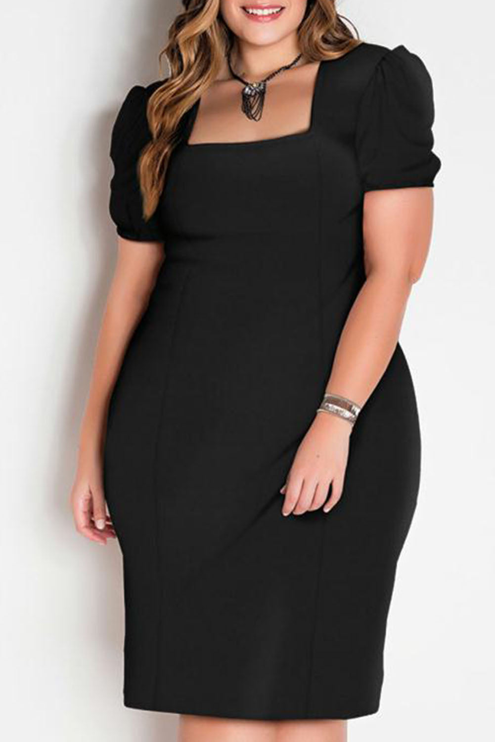 Black Square Neck Bubble Sleeve Plus Size Midi Dress Plus Size JT's Designer Fashion