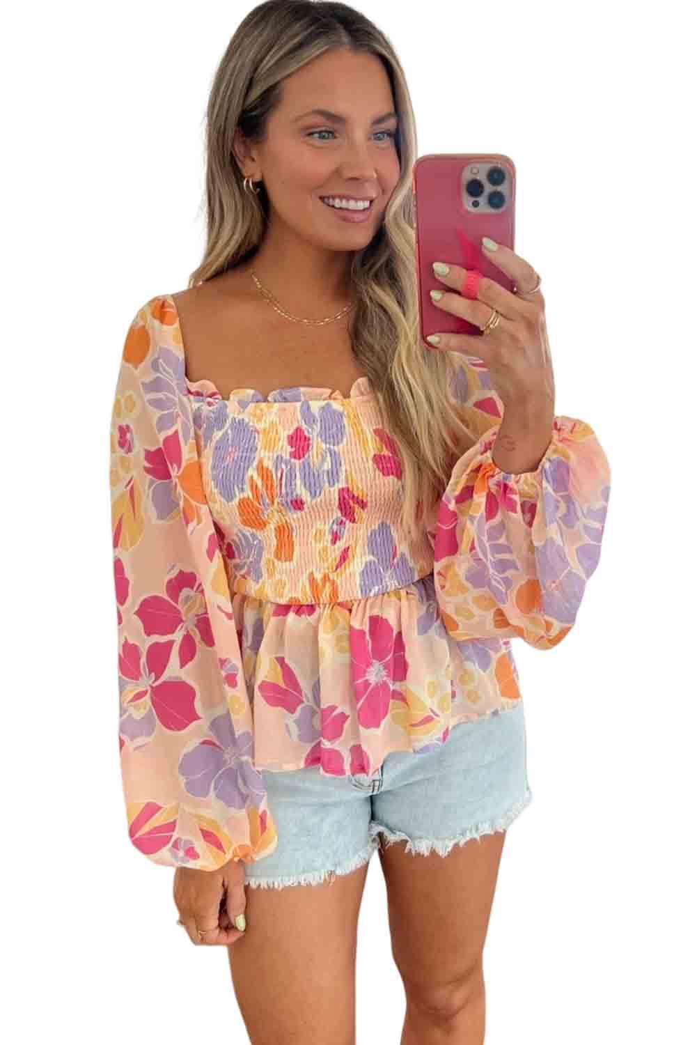 Pink Floral Frill Square Neck Long Sleeve Smock Peplum Blouse Tops & Tees JT's Designer Fashion