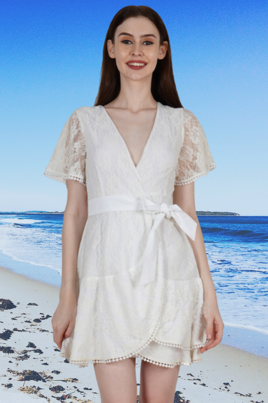 Ladies White Ruffle Lace Wrap Mini Dress Mini Dresses JT's Designer Fashion
