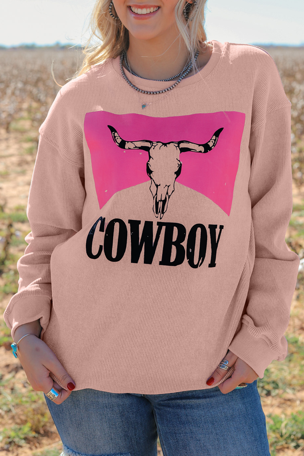 Pink Steer Head Cowboy Print Corded Pullover Sweatshirt Graphic Sweatshirts JT's Designer Fashion