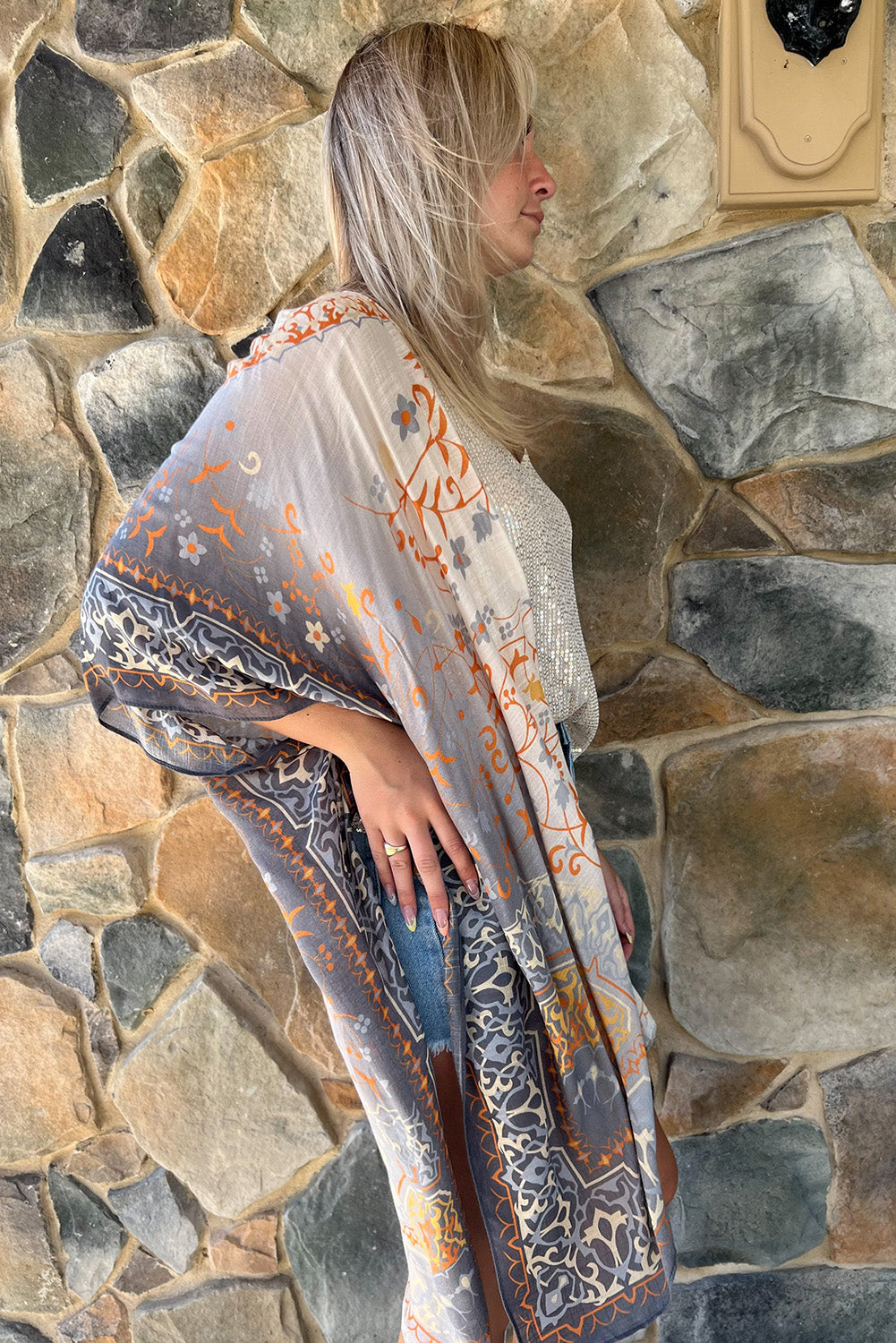 Gray Mandala Fashion Print Half Sleeve Kimono Kimonos JT's Designer Fashion