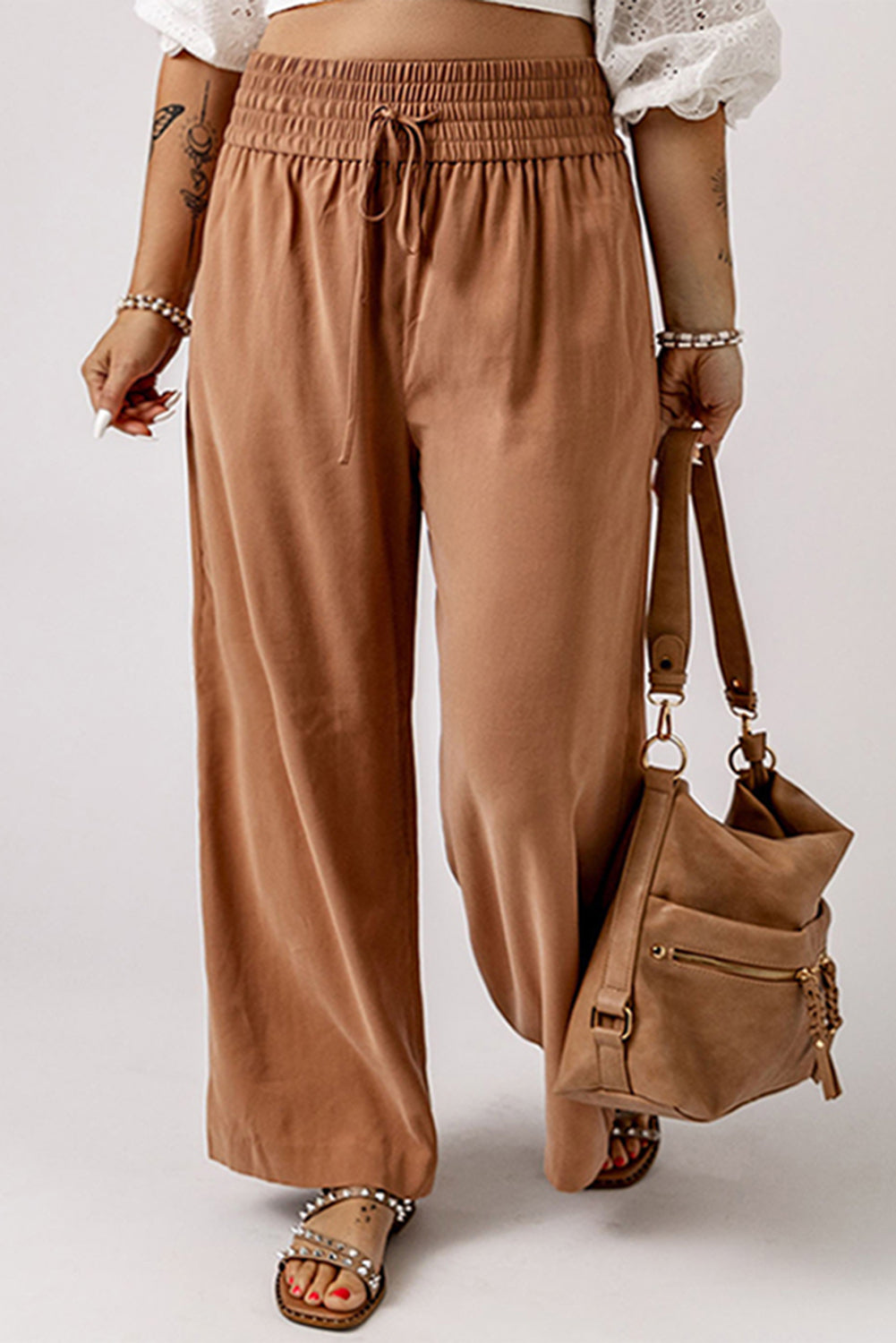 Brown Drawstring Smocked Waist Wide Leg Plus Size Pants Brown 65%Viscose+35%Polyester Plus Size Bottoms JT's Designer Fashion