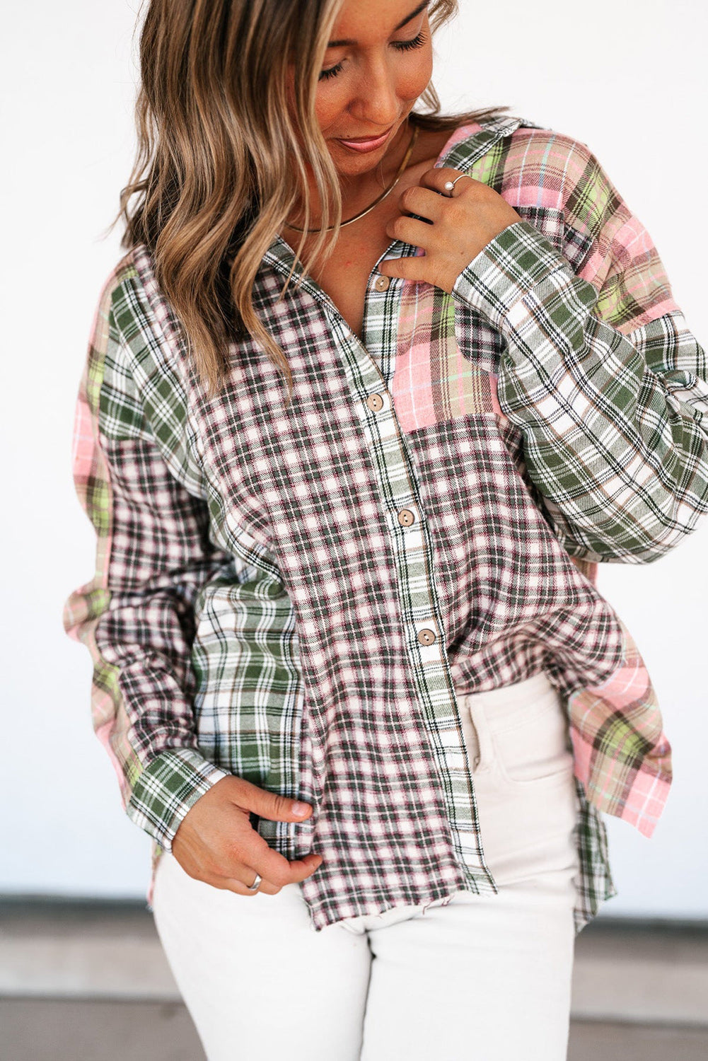 Multicolor Plaid Patchwork High Low Oversized Shirt Tops & Tees JT's Designer Fashion