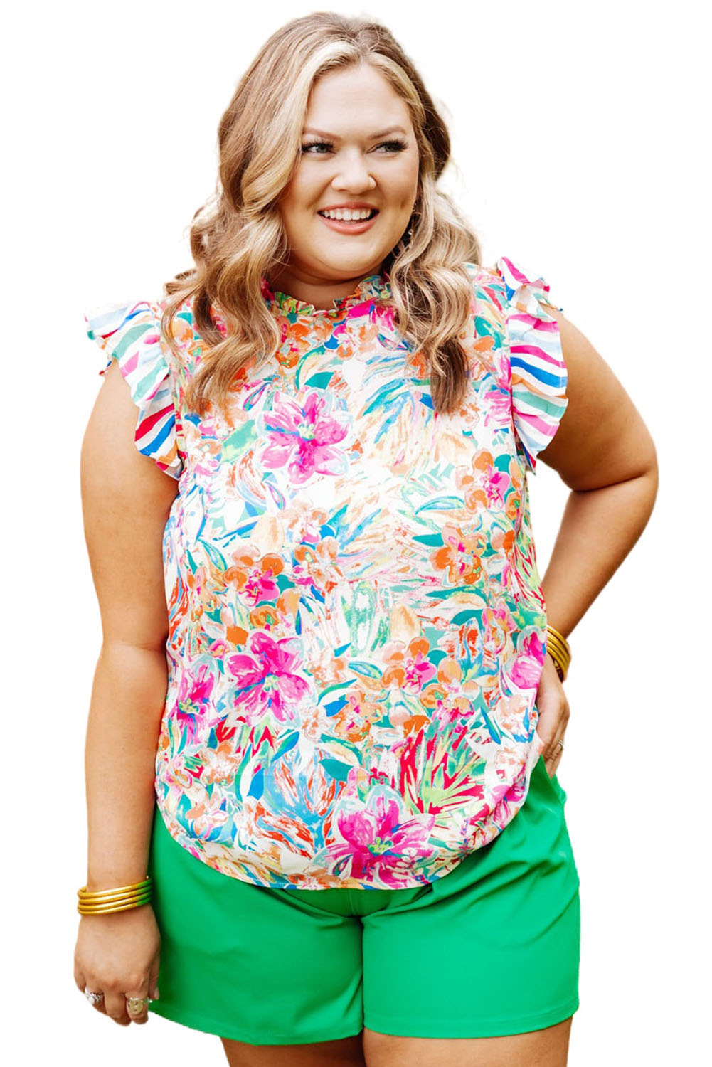 Multicolor Plus Sizie Striped Ruffle Sleeve Floral Blouse Plus Size JT's Designer Fashion