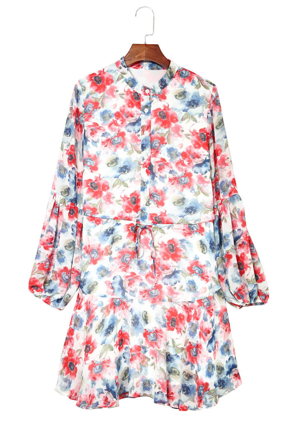 Sky Blue Vintage Floral Print Drawstring Flowy Dress Dresses JT's Designer Fashion