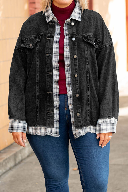 Black Frayed Plaid Splicing Plus Size Denim Jacket Plus Size JT's Designer Fashion