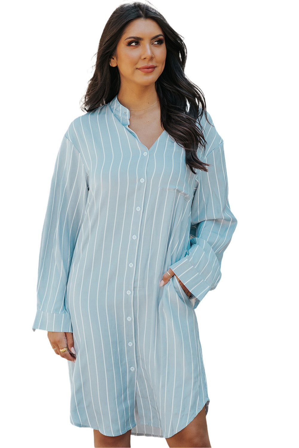 Sky Blue Striped Shirt Midi Dress with Sash T Shirt Dresses JT's Designer Fashion