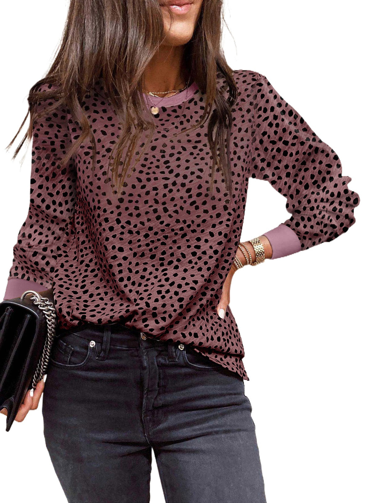 Red Animal Spotted Print Round Neck Long Sleeve Top Tops & Tees JT's Designer Fashion