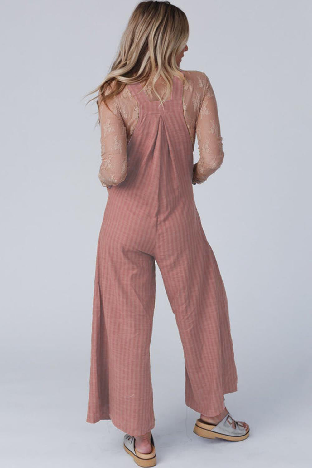 Rose Pink Striped Pleated Wide Leg Pocketed Jumpsuit Bottoms JT's Designer Fashion