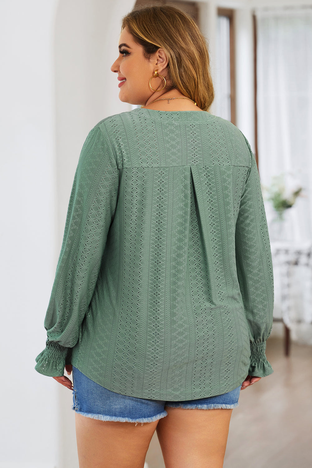 Green Eyelet Embroidered Split Neck Flounce Sleeve Curvy Top Plus Size JT's Designer Fashion