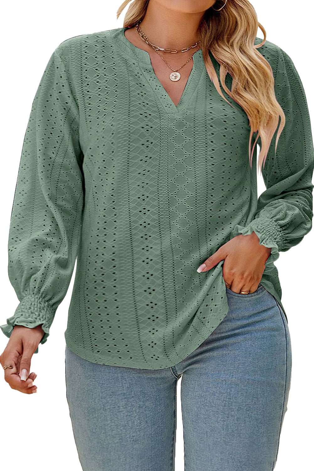 Green Eyelet Embroidered Split Neck Flounce Sleeve Curvy Top Plus Size JT's Designer Fashion