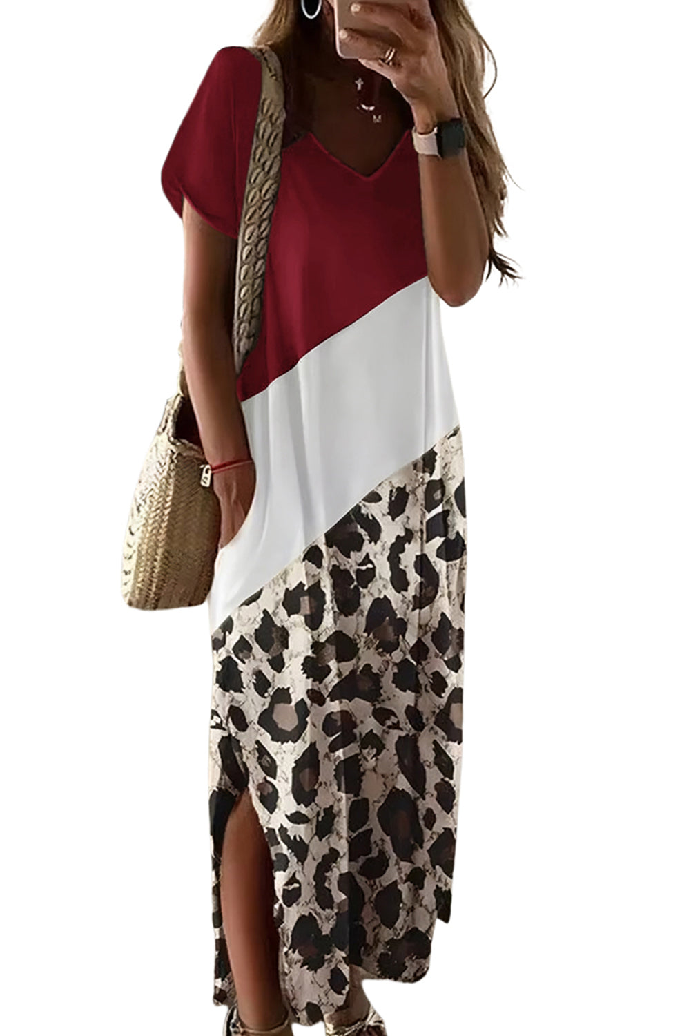 Red Leopard Color Block Side Slit T Shirt Maxi Dress T Shirt Dresses JT's Designer Fashion