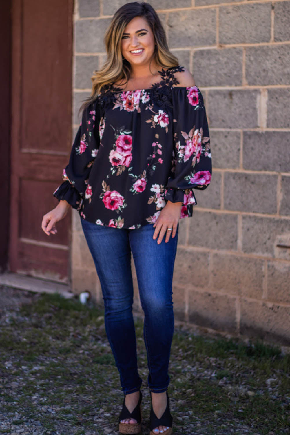 Black Plus Size Crochet Detail Off-shoulder Floral Blouse Plus Size JT's Designer Fashion