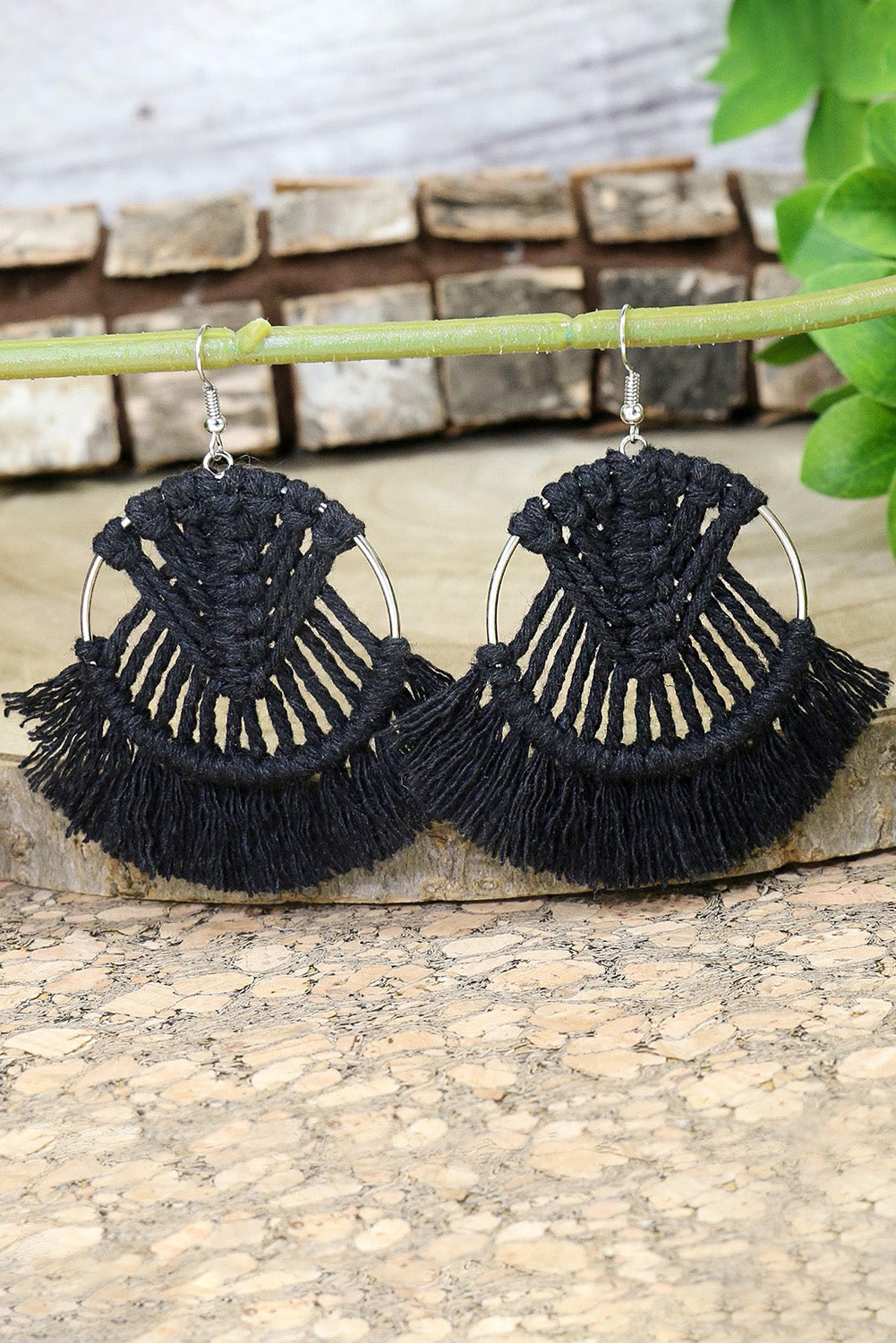 Black Crochet Tassel Fan-shaped Drop Earrings Jewelry JT's Designer Fashion