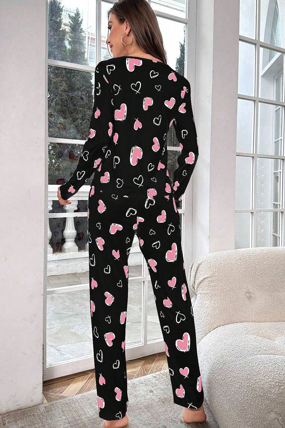 Black Valentines Heart Print Long Sleeve Top & Pants PJ Set Loungewear JT's Designer Fashion