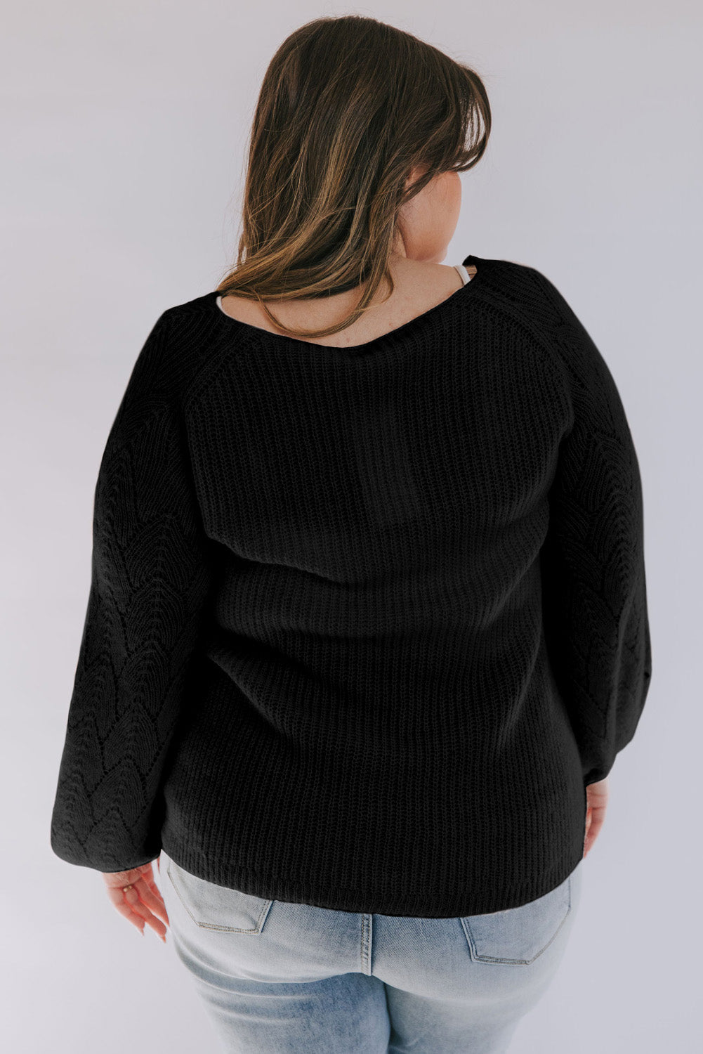 Black Contrast Lace V Neck Puff Sleeve Curvy Sweater Plus Size JT's Designer Fashion