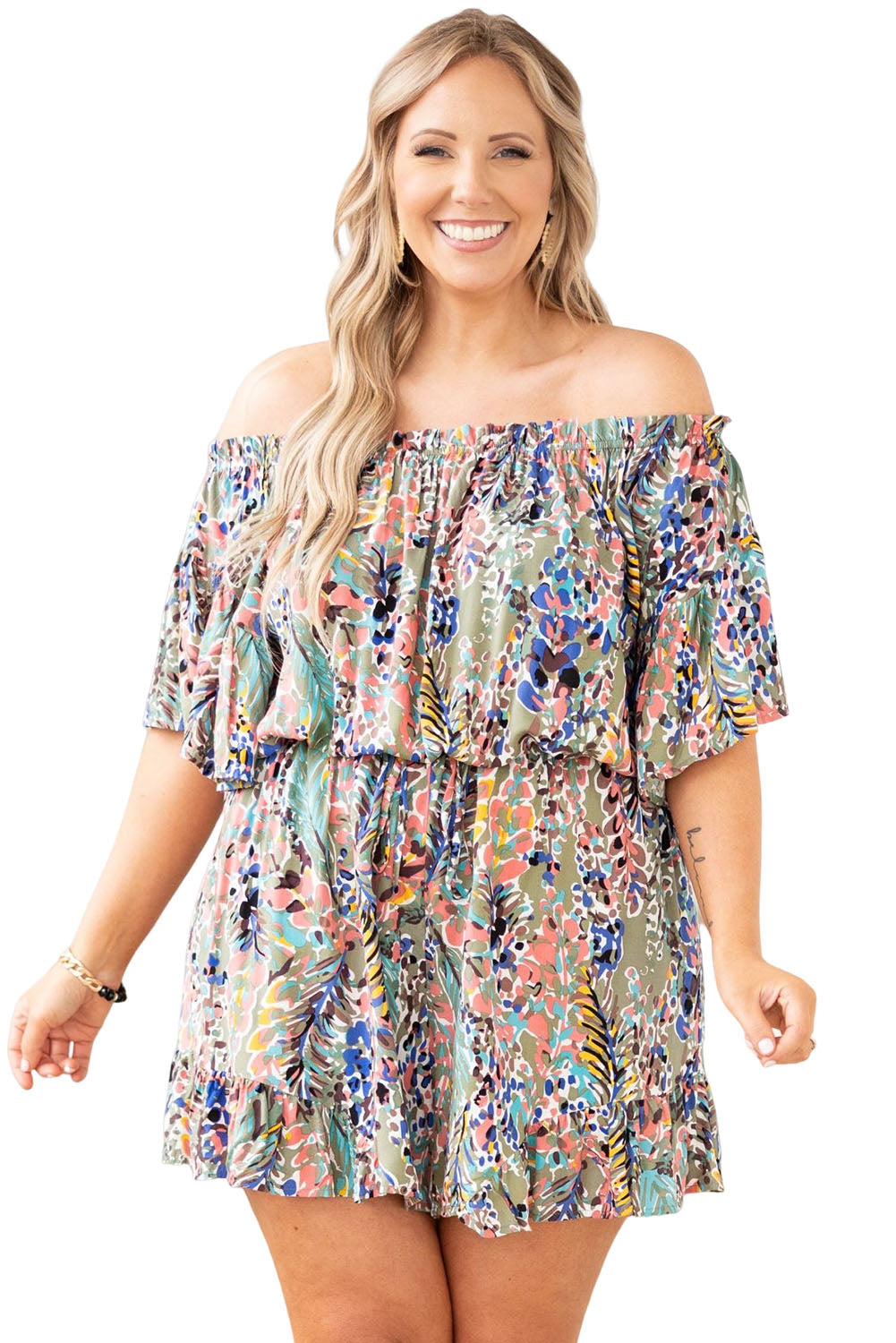 Green Plus Size Off Shoulder Floral Print Romper Plus Size Bottoms JT's Designer Fashion