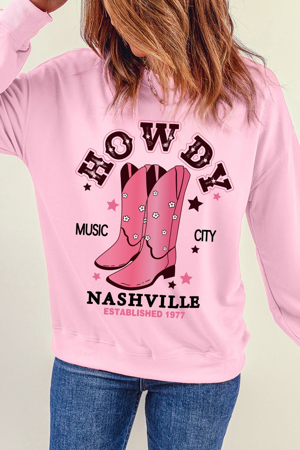 Pink HOWDY NASHVILLE Vintage Western Graphic Sweatshirt Graphic Sweatshirts JT's Designer Fashion