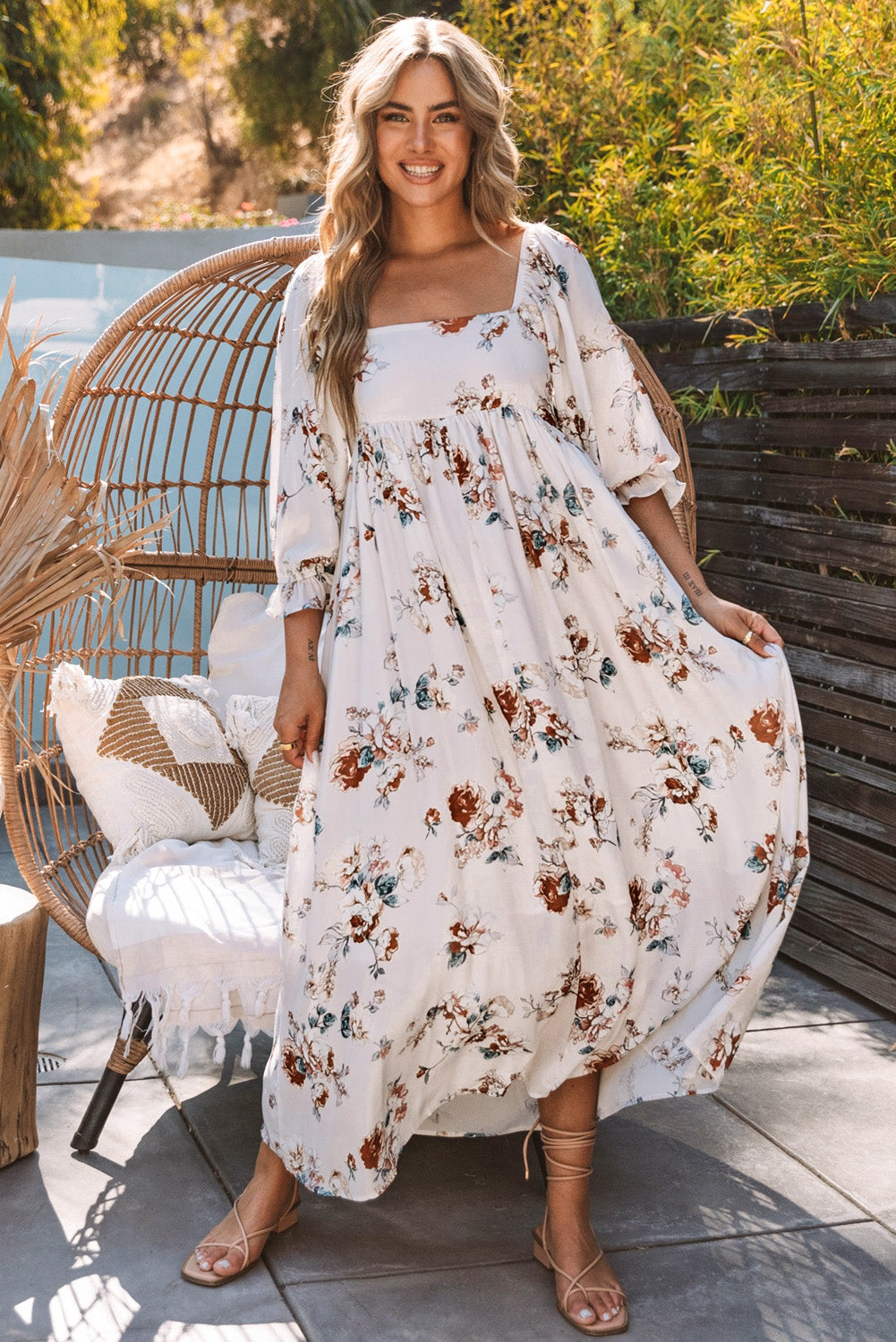 White Puff Mid-sleeve Floral Maxi Dress Maxi Dresses JT's Designer Fashion