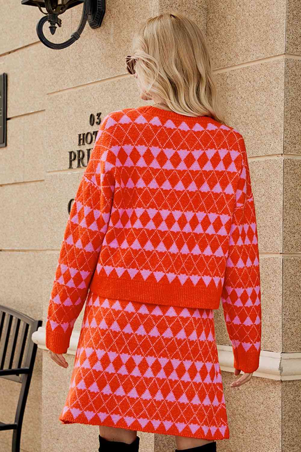 Geometric Dropped Shoulder Cardigan and Knit Skirt Set Sweater Dresses JT's Designer Fashion