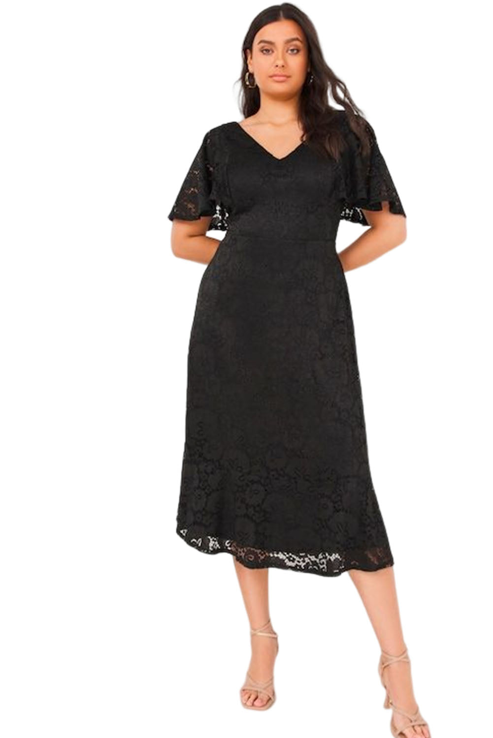 Black Plus Size Lace Flutter Sleeves Flare Midi Dress Plus Size JT's Designer Fashion