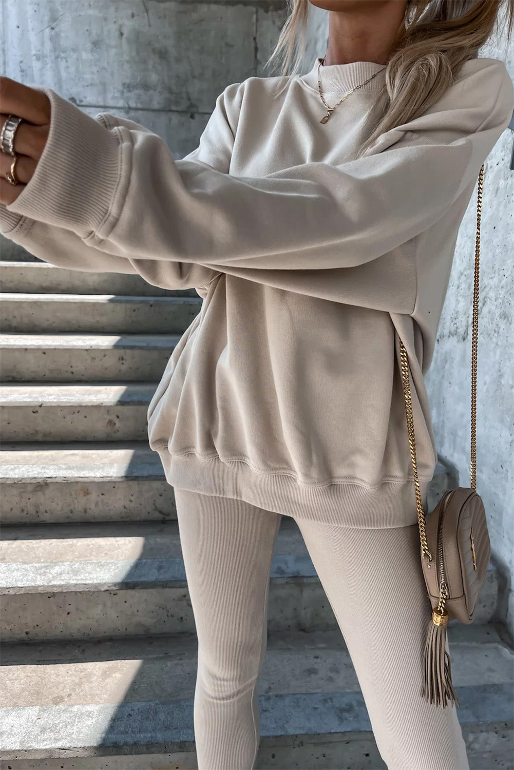 Beige Solid Sweatshirt and Leggings Two Piece Set Bottoms JT's Designer Fashion