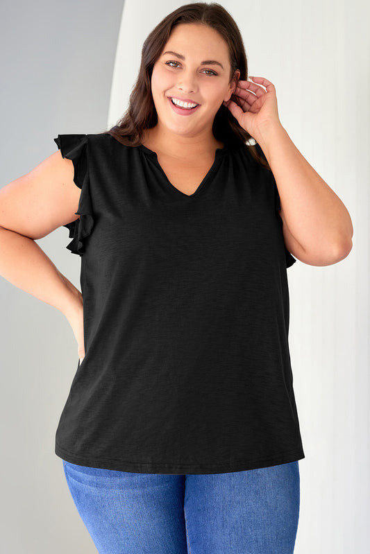 Black V Neck Ruffle Sleeve Plus Size Top Plus Size Tops JT's Designer Fashion