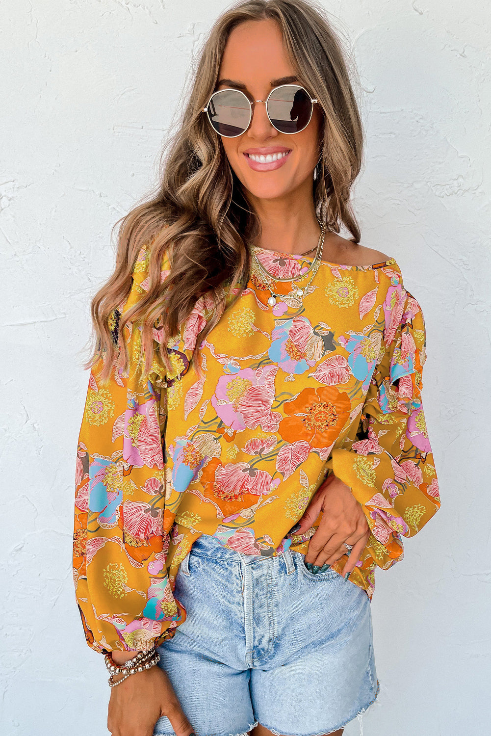 Ginger Floral Print Ruffle Puff Sleeve Blouse Tops & Tees JT's Designer Fashion