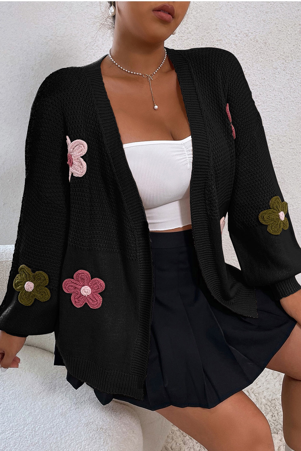 Black Floral Applique Drop Shoulder Bubble Sleeve Cardigan Pre Order Sweaters & Cardigans JT's Designer Fashion