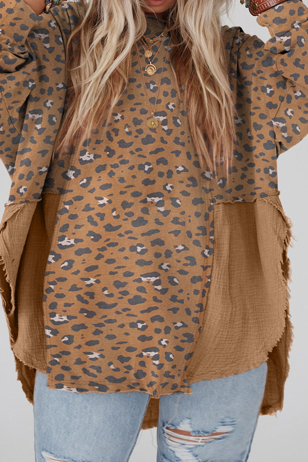 Brown Leopard Patchwork Lantern Sleeve Frayed Plus Blouse Plus Size JT's Designer Fashion