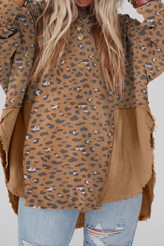 Brown Leopard Patchwork Lantern Sleeve Frayed Plus Blouse Plus Size JT's Designer Fashion