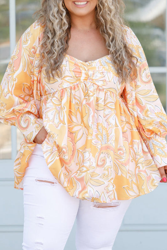 Yellow Floral Print Square Neck Plus Size Babydoll Blouse Plus Size JT's Designer Fashion