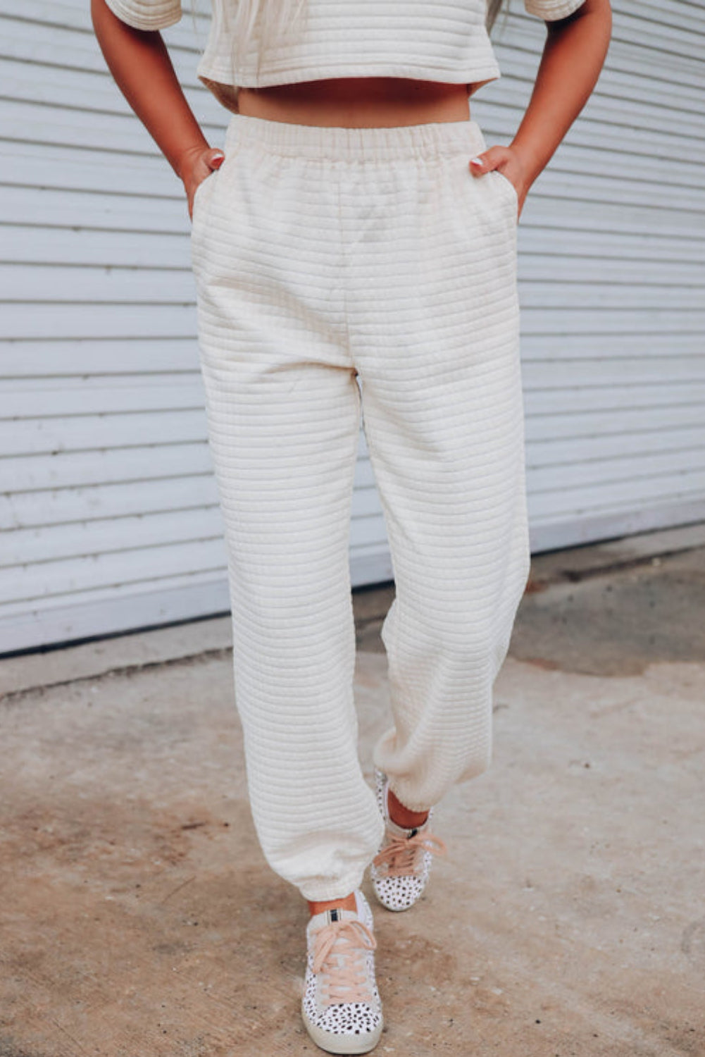 White Lattice Textured Cropped Tee and Jogger Pants Set Bottoms JT's Designer Fashion