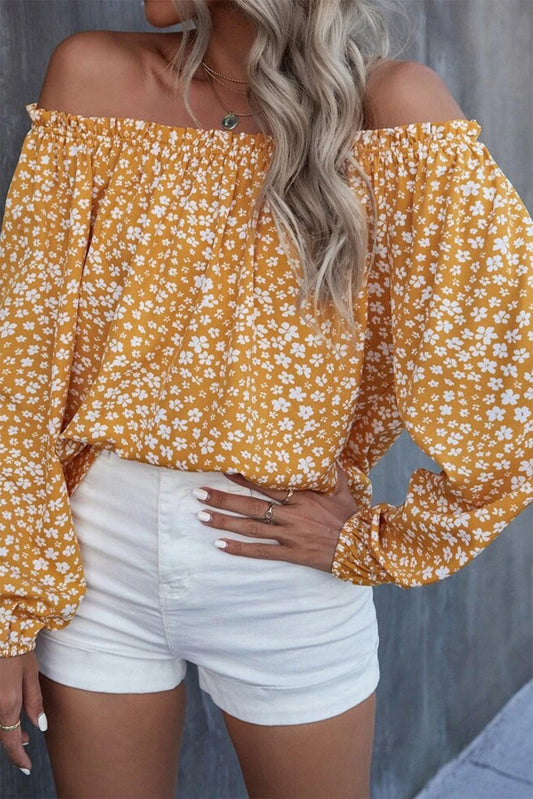 Yellow Floral Print Frill Trim Off-shoulder Lantern Sleeve Blouse Tops & Tees JT's Designer Fashion