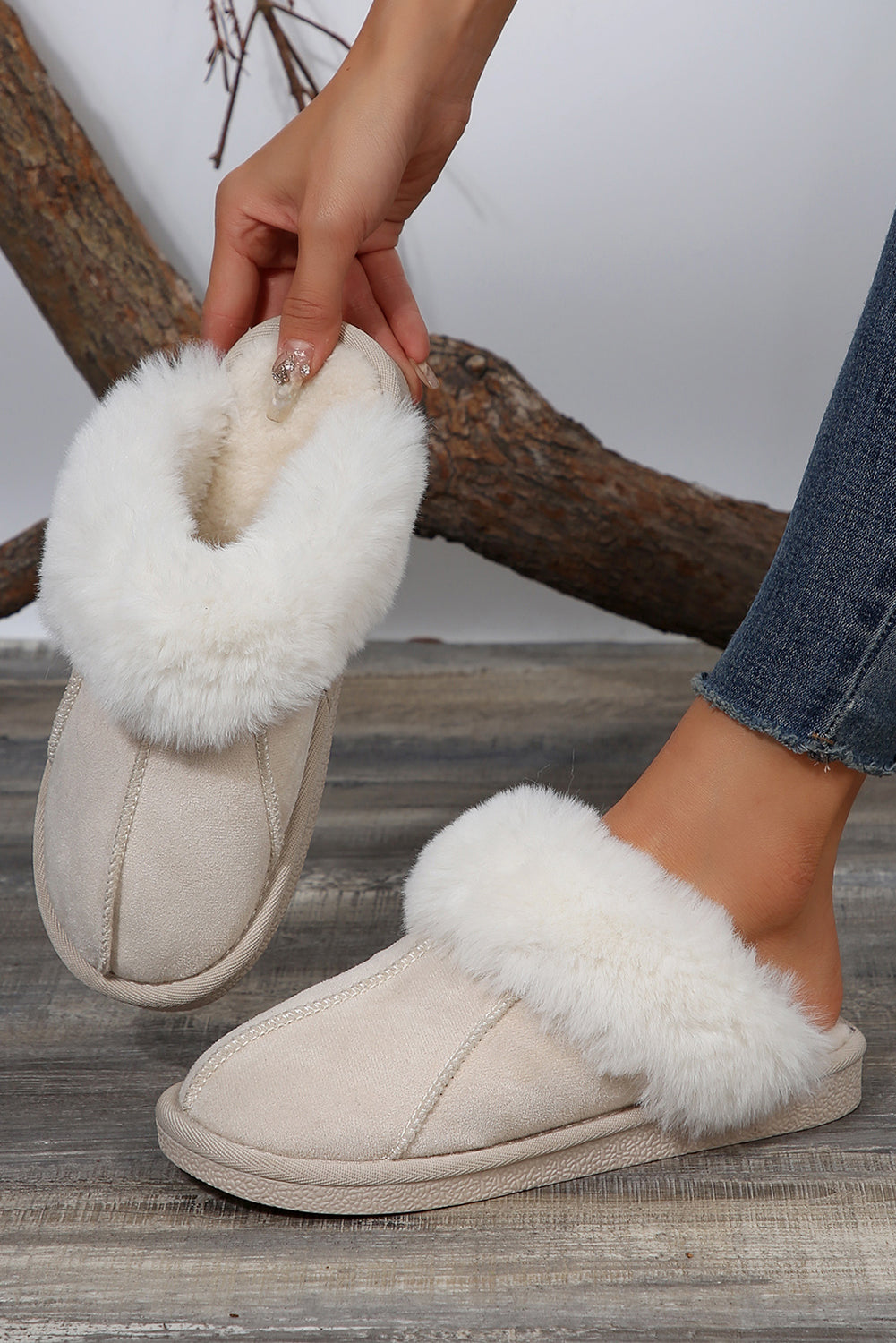 Beige Plush Lining Suede Slip On Winter Slippers Slippers JT's Designer Fashion