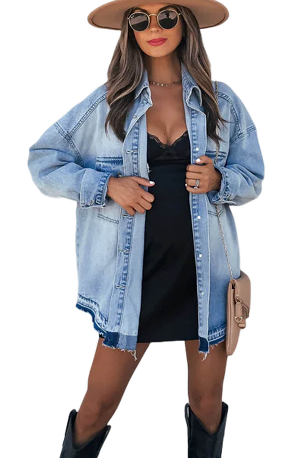 Sky Blue Flap Pocket Buttoned Oversized Denim Jacket Denim jackets JT's Designer Fashion