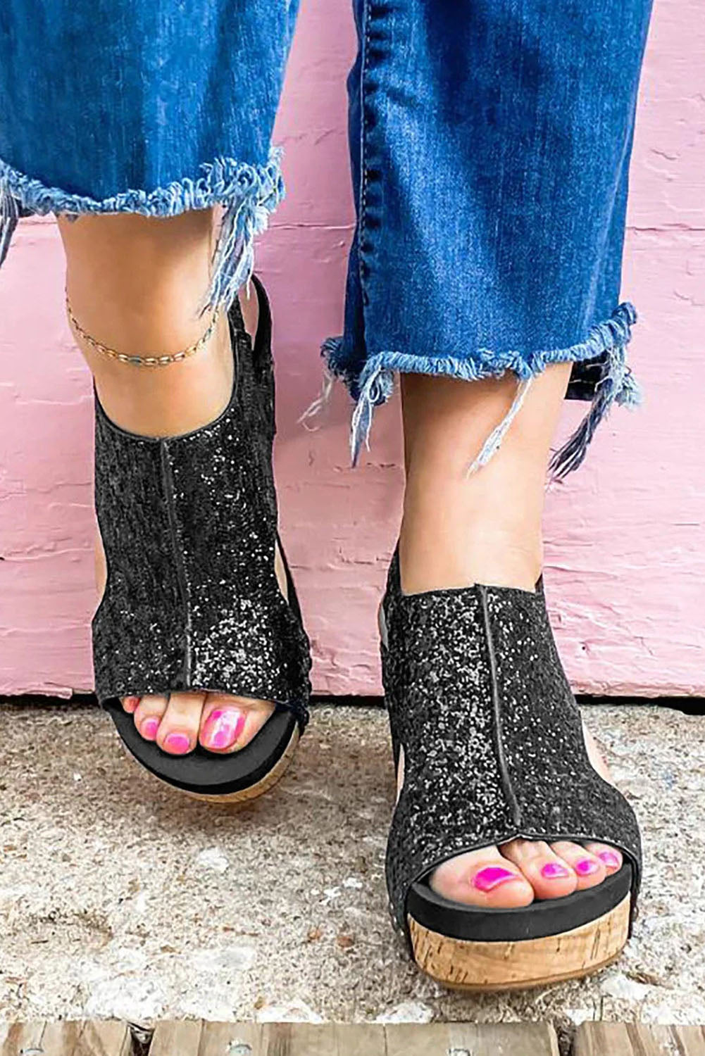 Black Buckle Hollow Out Sequin Wedge Sandals Sandals JT's Designer Fashion