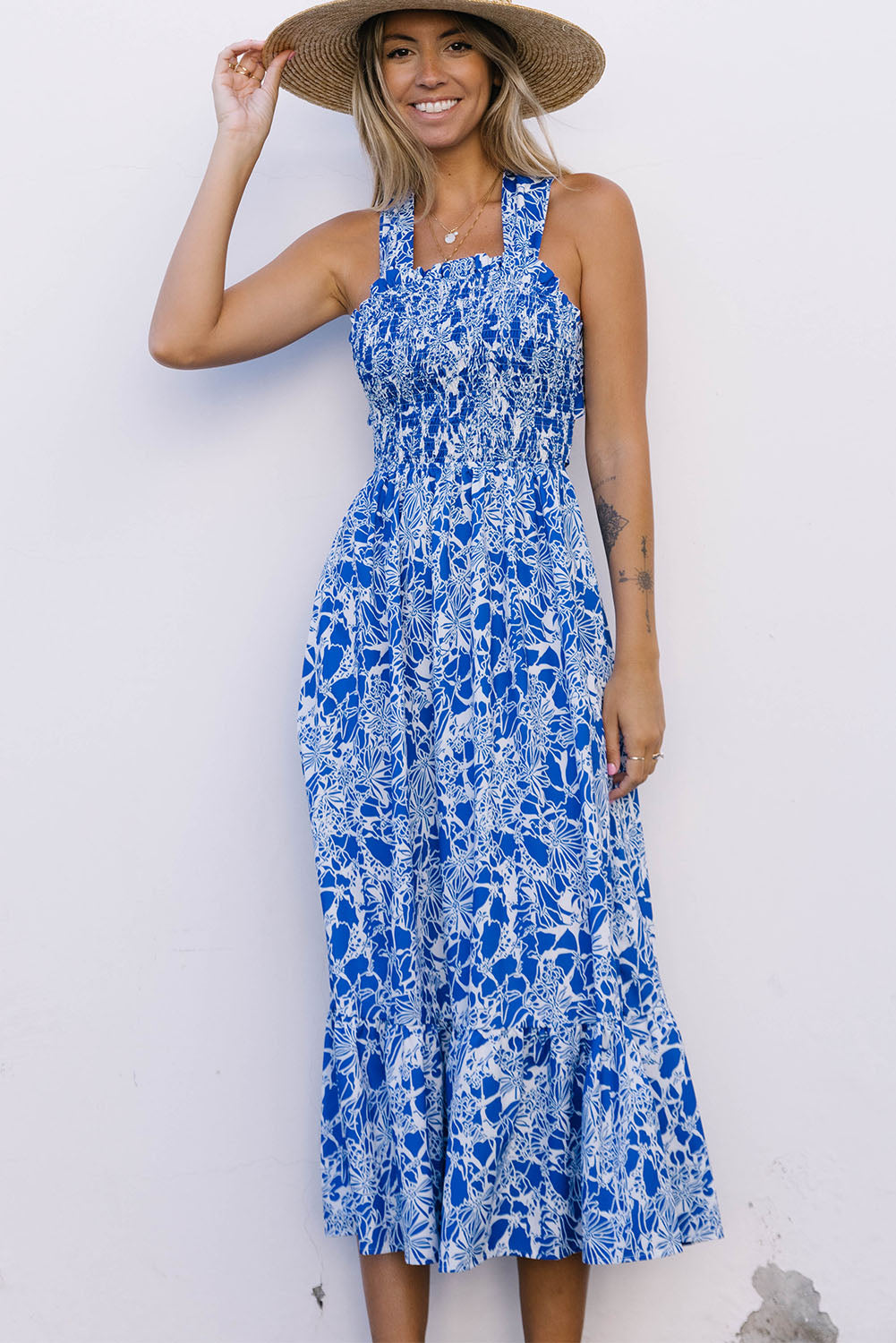 Blue Floral Print Smocked Criss Cross Tie Back Midi Dress Floral Dresses JT's Designer Fashion