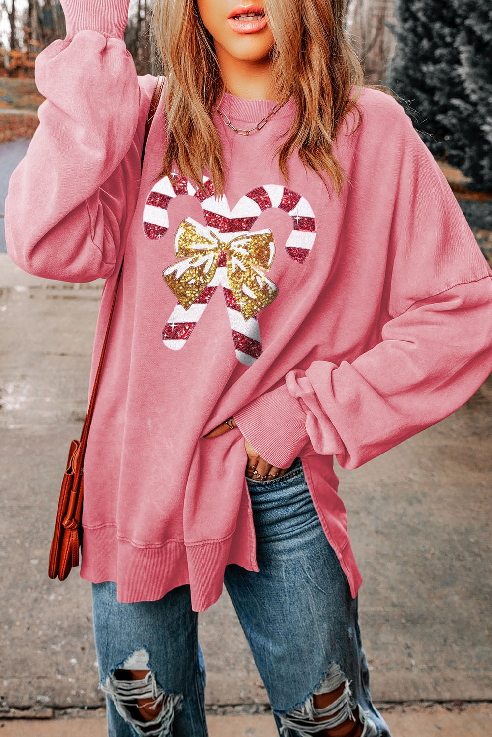 Pink Christmas Cane Bow Knot Sequin Print Pullover Sweatshirt Graphic Sweatshirts JT's Designer Fashion