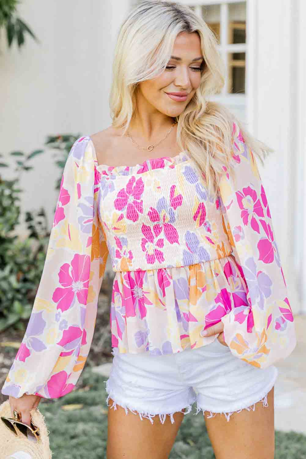 Pink Floral Frill Square Neck Long Sleeve Smock Peplum Blouse Tops & Tees JT's Designer Fashion