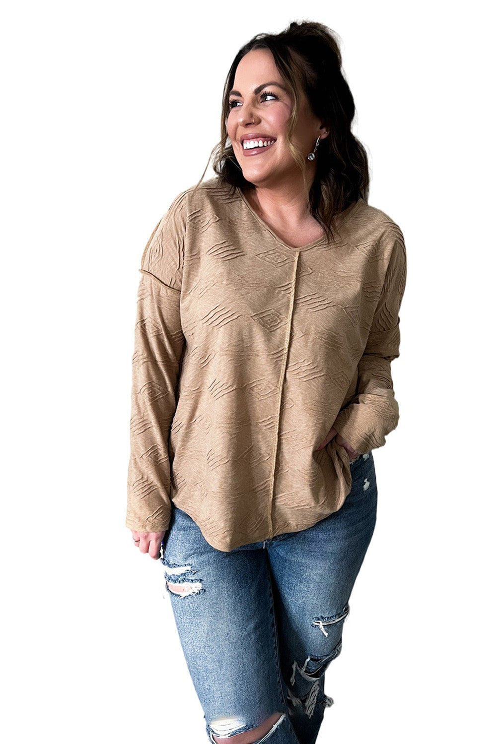 Khaki Plus Size Textured V Neck Drop Shoulder Outseam Pullover Top Plus Size JT's Designer Fashion