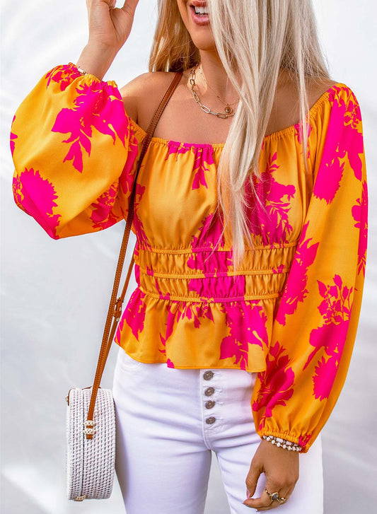 Yellow Floral Print Off Shoulder Puff Sleeve Blouse Blouses & Shirts JT's Designer Fashion