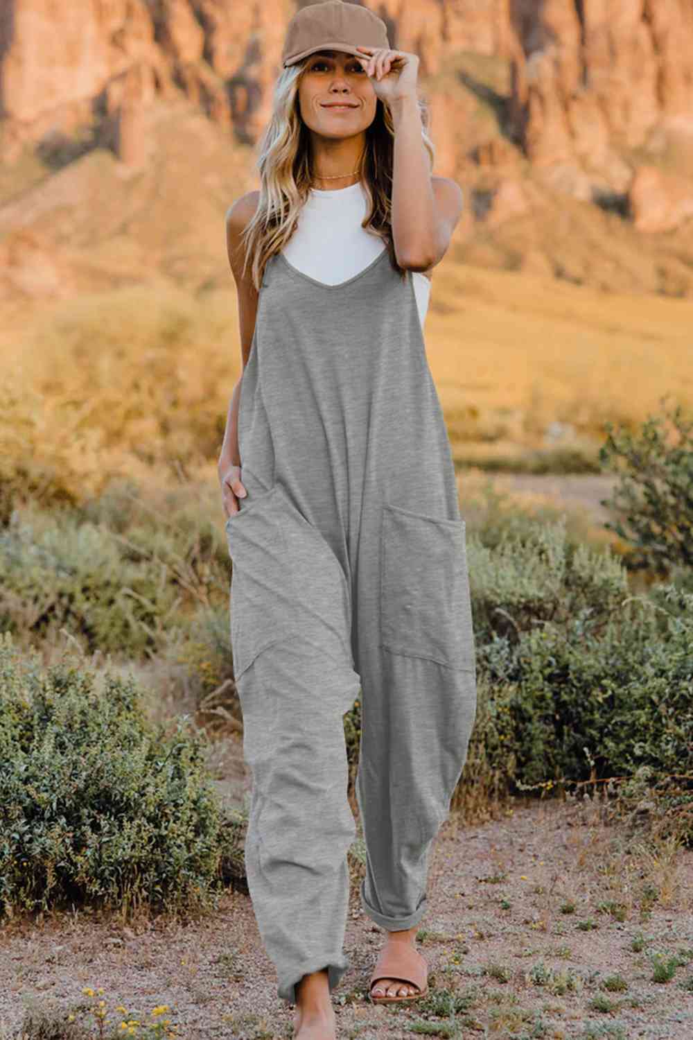 Double Take V-Neck Sleeveless Jumpsuit with Pocket Light Gray Jumpsuits & Rompers JT's Designer Fashion