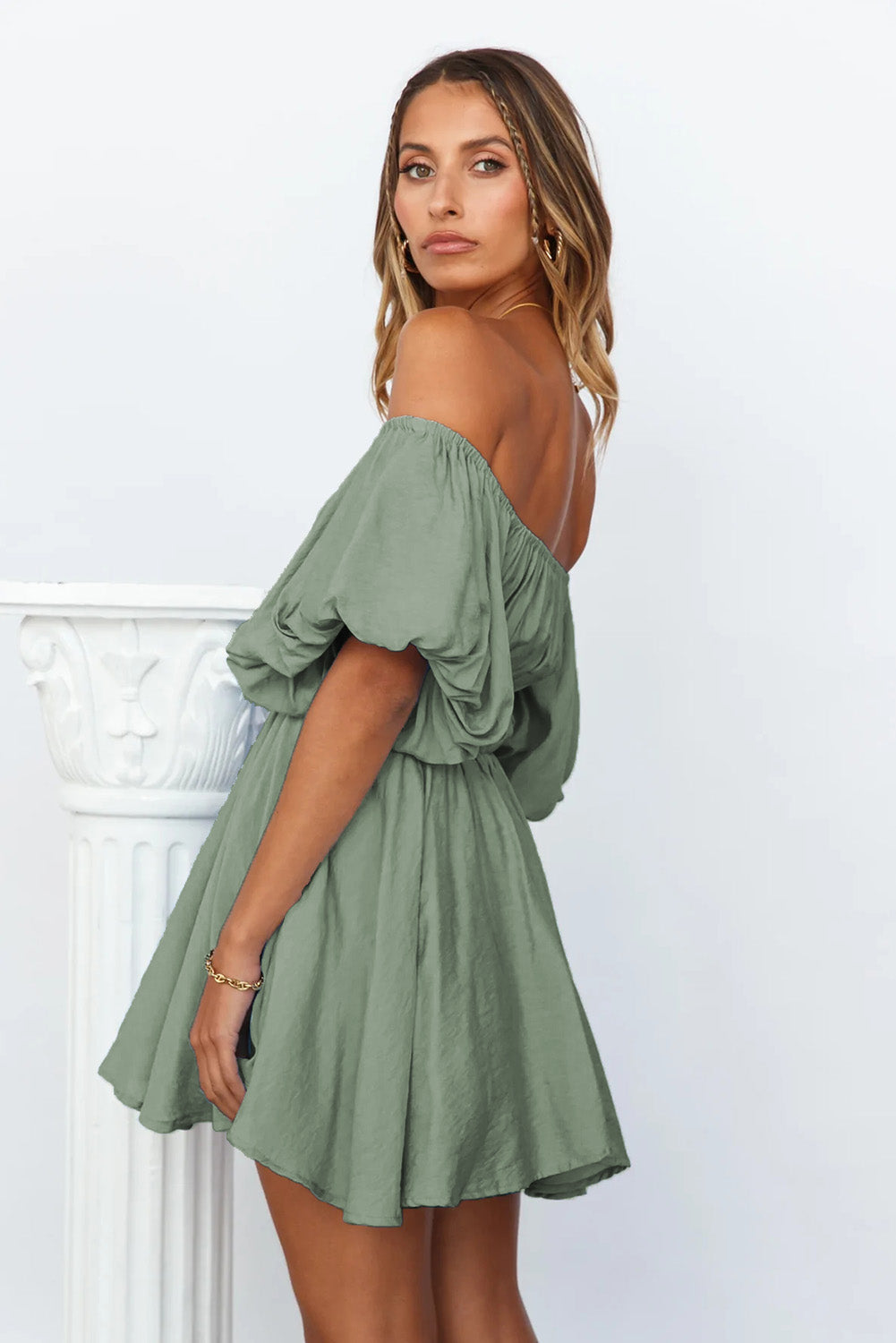 Green Shirred Bubble Sleeve Off Shoulder Babydoll Dress Mini Dresses JT's Designer Fashion