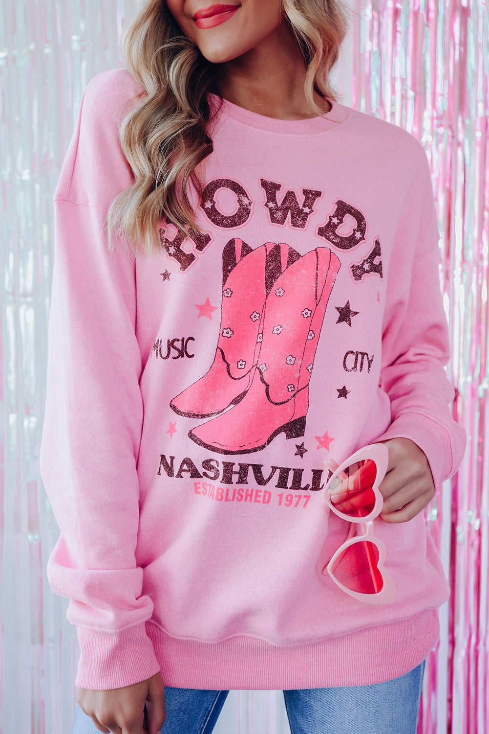 Pink HOWDY NASHVILLE Vintage Western Graphic Sweatshirt Pink 70%Polyester+30%Cotton Graphic Sweatshirts JT's Designer Fashion