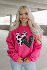 Strawberry Pink Cow & Sequin Double Heart Patch Sweatshirt Sweatshirts & Hoodies JT's Designer Fashion