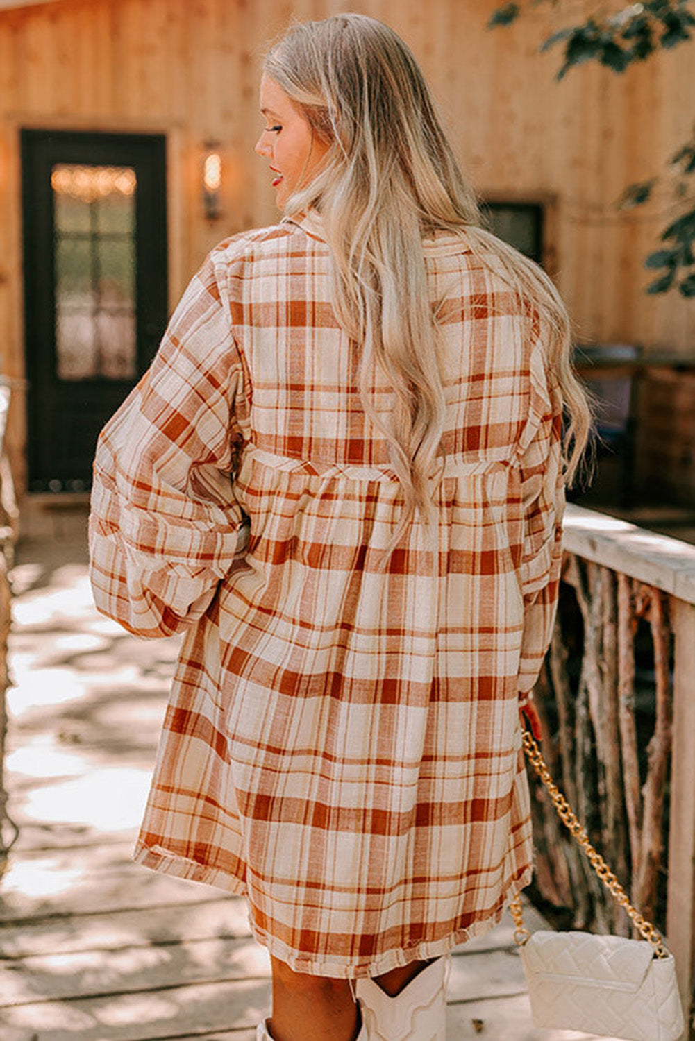 Orange Printed Plus Size Plaid Print V Neck Babydoll Dress Plus Size JT's Designer Fashion