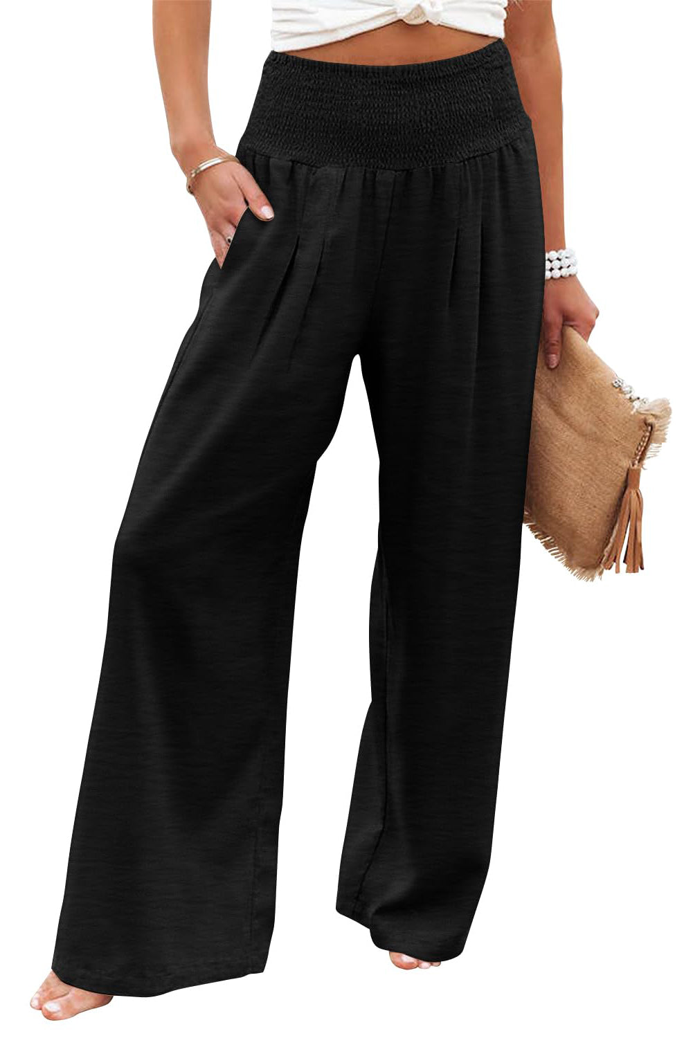 Black Shirred High Waist Plus Size Wide Leg Pants Plus Size JT's Designer Fashion