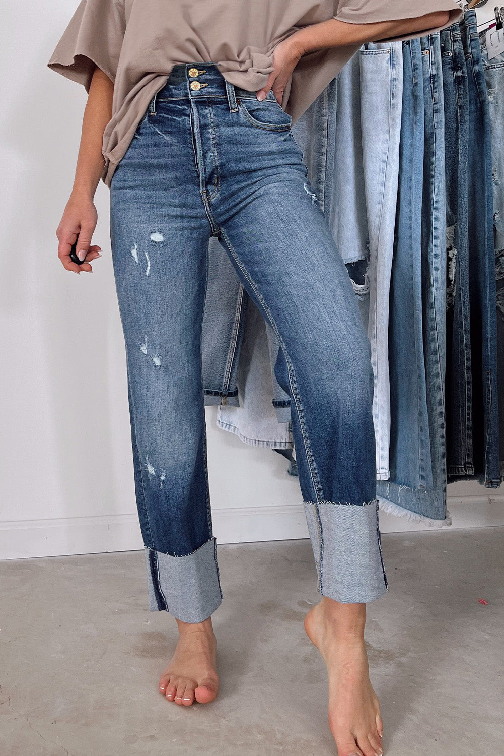 Blue High Waist Distressed Straight-Leg Jeans Bottoms JT's Designer Fashion